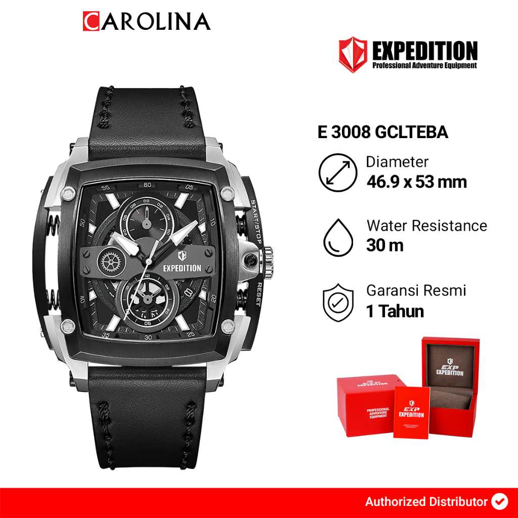Jam Tangan Pria Expedition Exp Chronograph E 3008 GCLTEBA Black Dial Black Leather Strap