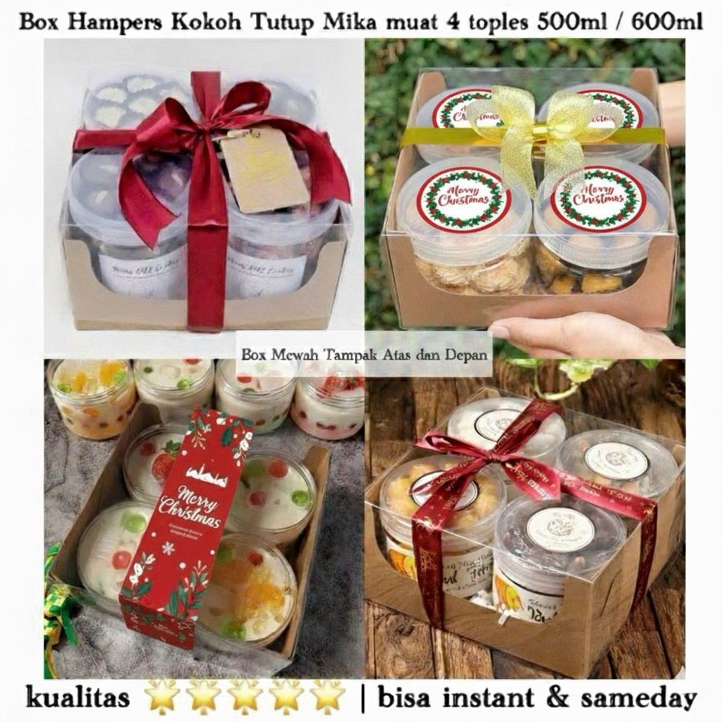 Kotak Hampers Tutup Mika muat 4 toples tabung 500ml / 600ml  (FREE HANGTAG NATAL) Kotak muat Toples 