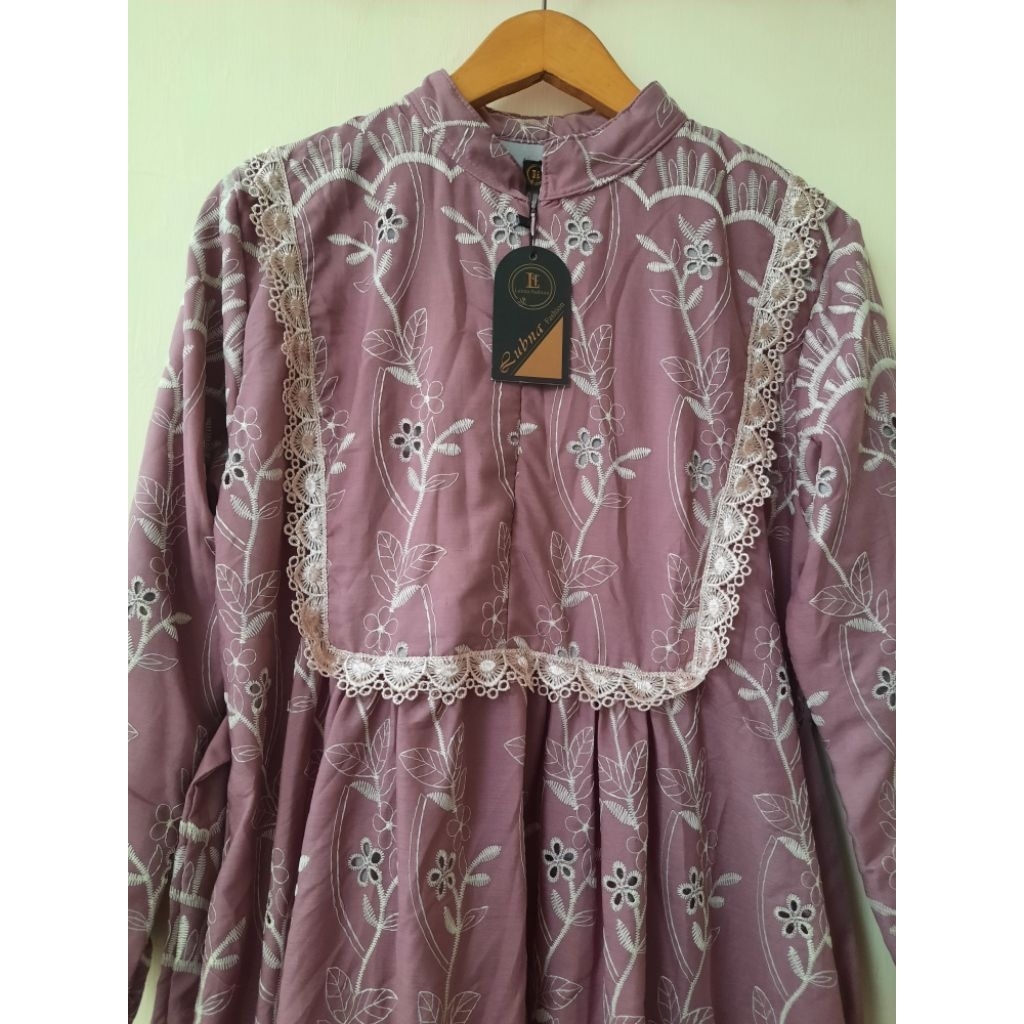 gamis katun bordil bolong dusty pink mewah premium