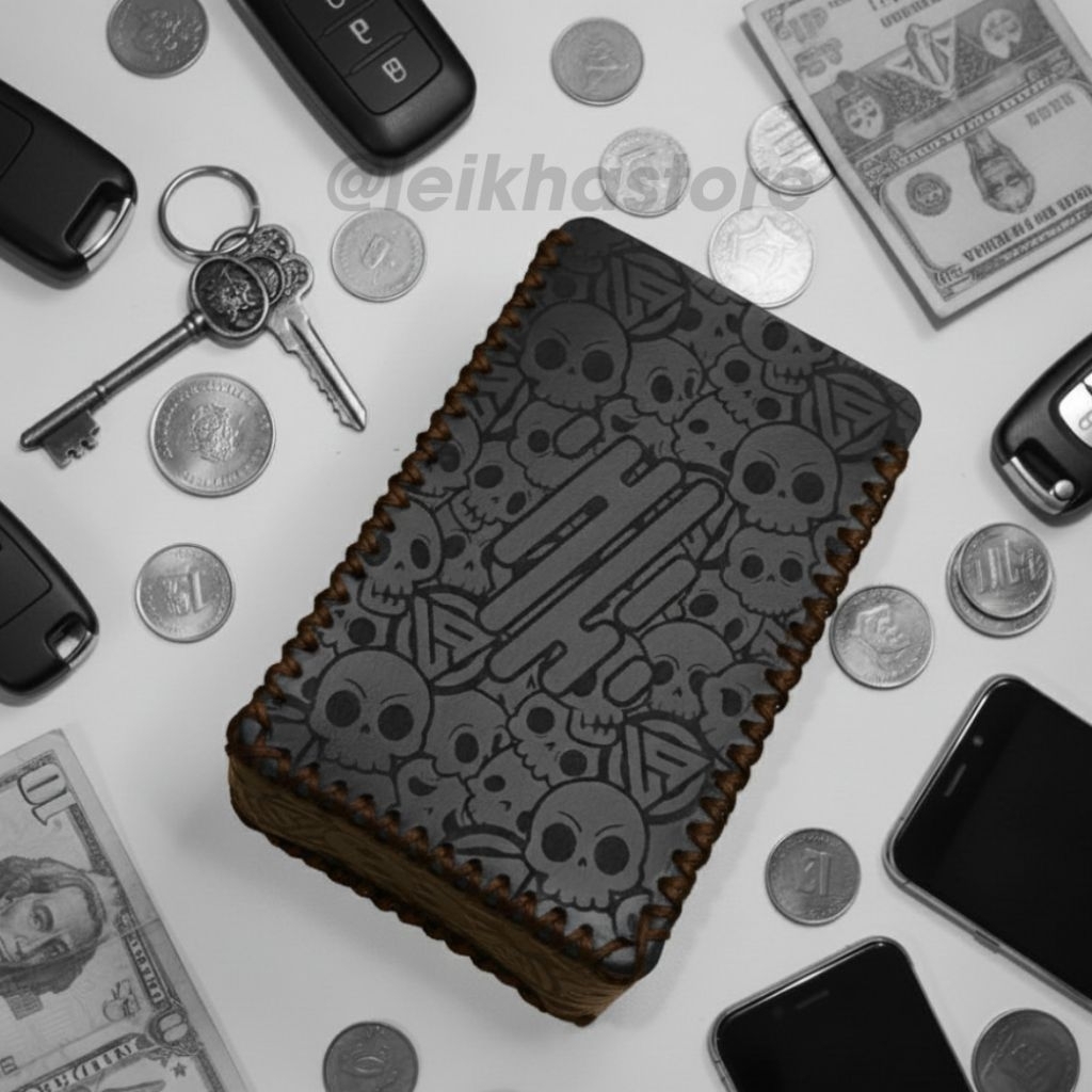 Dompet PU Leather Sleeve Case R234 Hitam Logo Full Skull Besar Benang Cokelat Tua Wadah Koin Kunci P