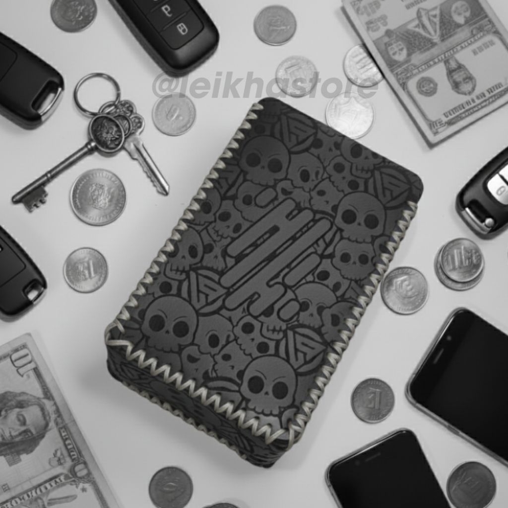 Dompet PU Leather Sleeve Case R234 Hitam Logo Full Skull Besar Benang Abu Wadah Koin Kunci Premium