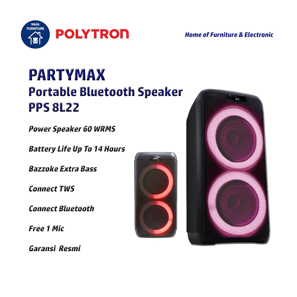 POLYTRON Party Speaker Bluetooth Karaoke | Speaker Portable Wireless Polytron PPS 8L22 | Speaker Akt