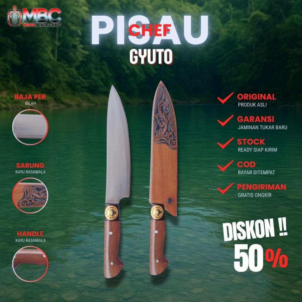 Pisau Gyuto Chef Baja Asli Full Tang