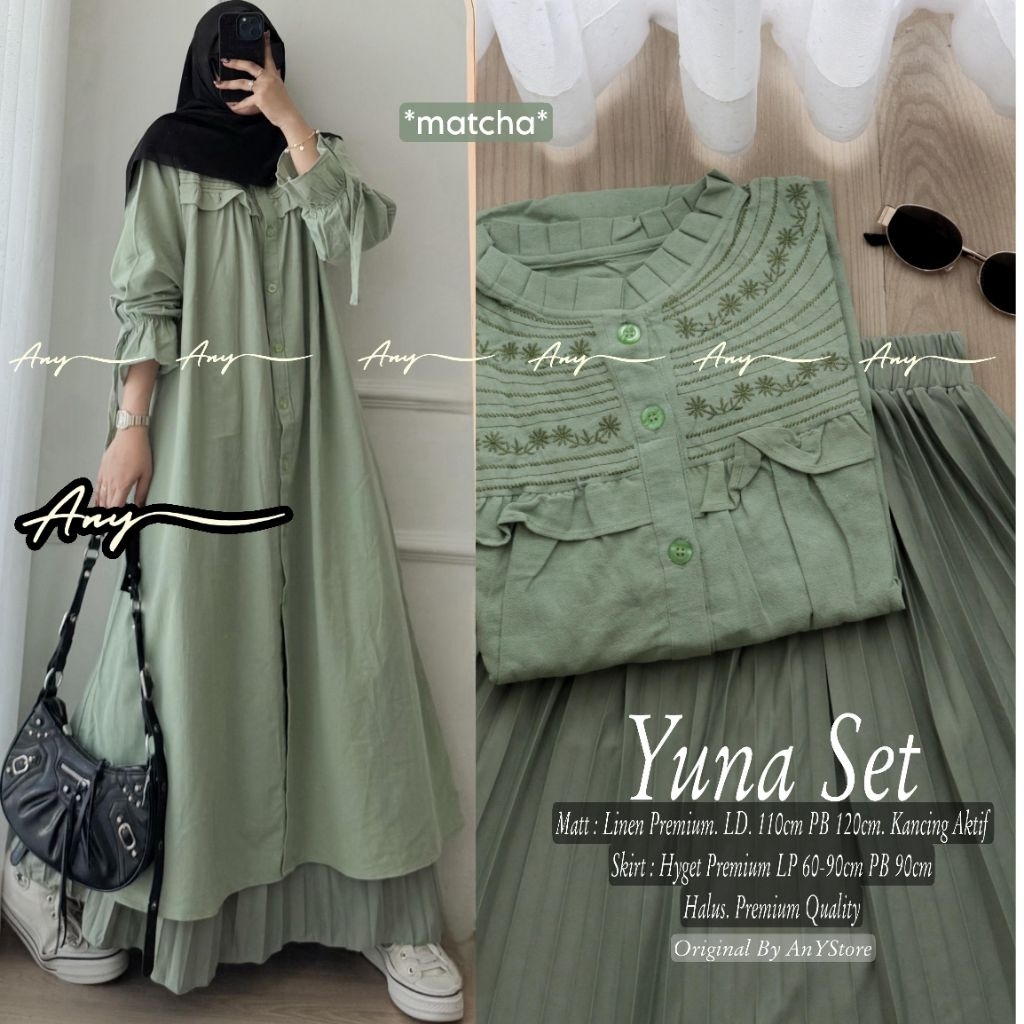 yuna setelan midi dress dan rok plisket by A.N.Y gamis silk mewah dress rayon premium long tunic kon