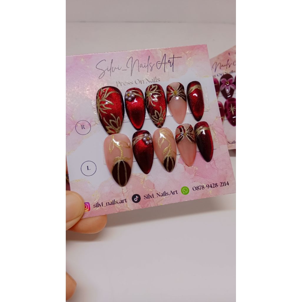 bunga cat eye motif nails super premium FREE LEM | Press On Nails | Nail Art | Nailarts | kuku palsu