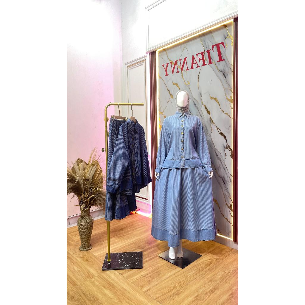 HANIRA Setelan Rok Salur Jeans Cantik Mewah Baju Panjang Variasi All Size Fit to XXL 60cm 95cm PO Pr