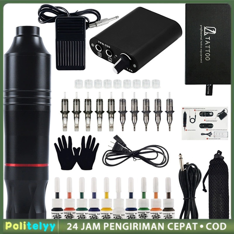 mesin tato full set/set lengkap alat tato Mesin Tattoo Rotary Pen Full Set Tattoo Pen Machine Alat T