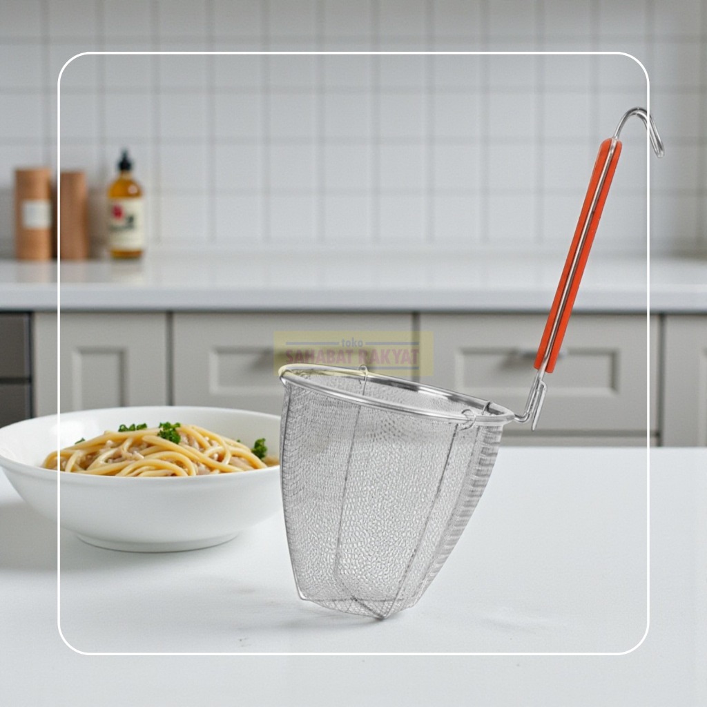 Serok Mie Ayam Saringan Mie Stainless Gagang Kayu BMW 36cm