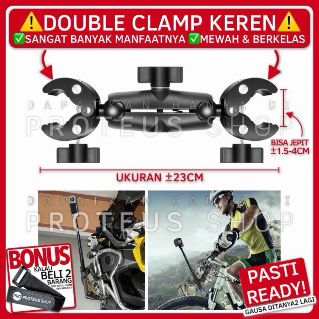>>> DOUBLE CLAMP JEPIT GANDA UNTUK PASANG TONGSIS, MONOPOD, STIK, STICK DI MOTOR, SEPEDA, SCOOTER, T