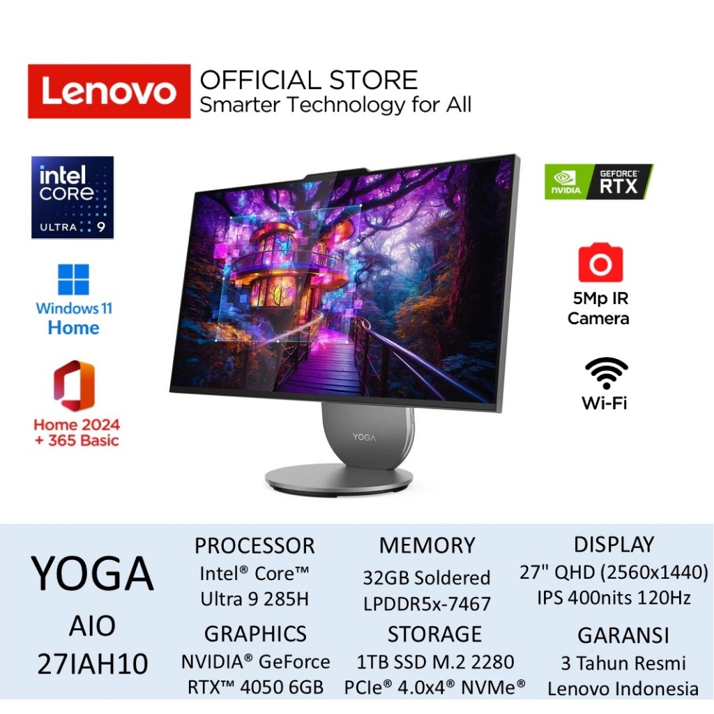 Lenovo AIO Yoga 27IAH10 Ultra 9 285H 32GB 1TB NVidia RTX 4050-6GB Win11+OHS 27" Include Asuransi