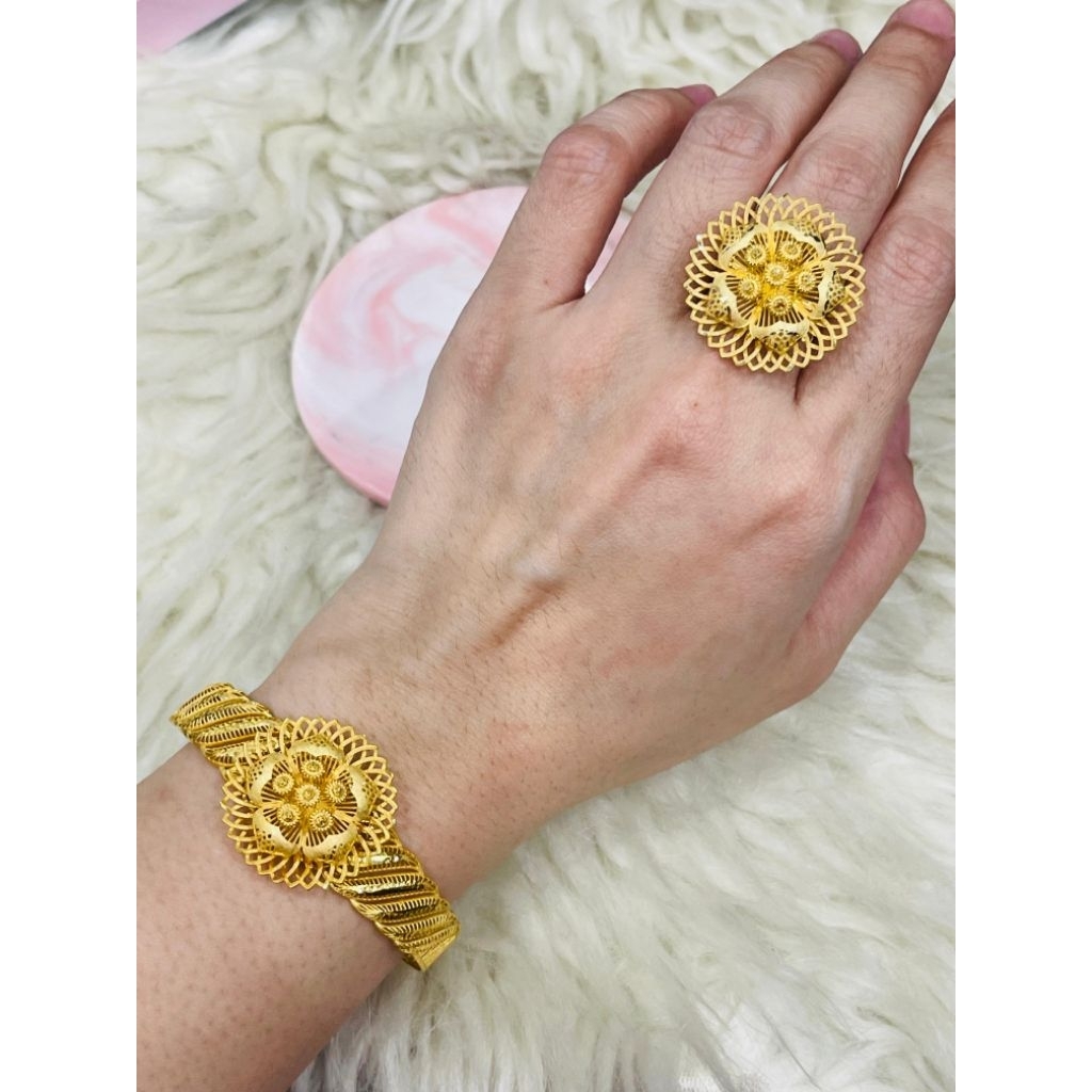 gelang plus cincin bunga kerawang elegant terbaru emas asli kadar 700