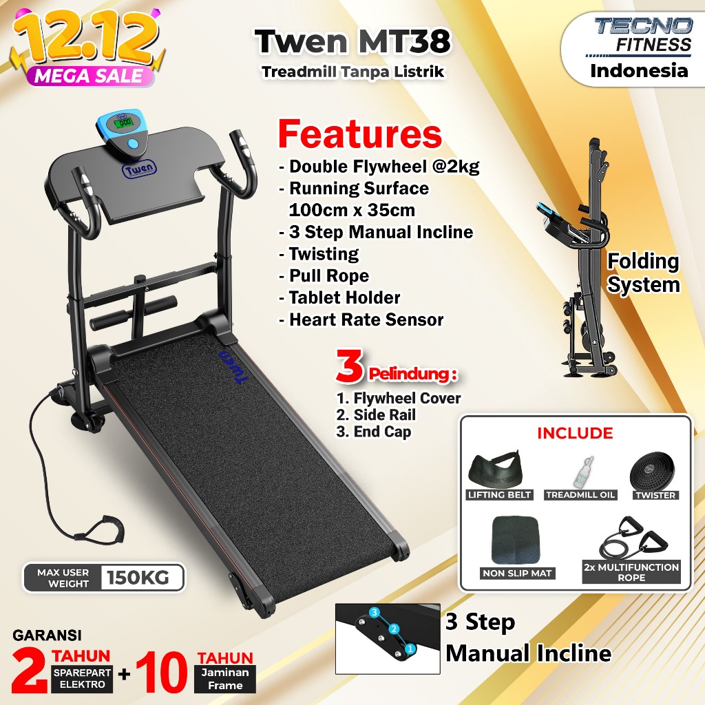 TWEN MT31 MT38 Treadmill Tanpa Listrik Treadmill Manual Treadmill Multifungsi Treadmill Lipat Alat O