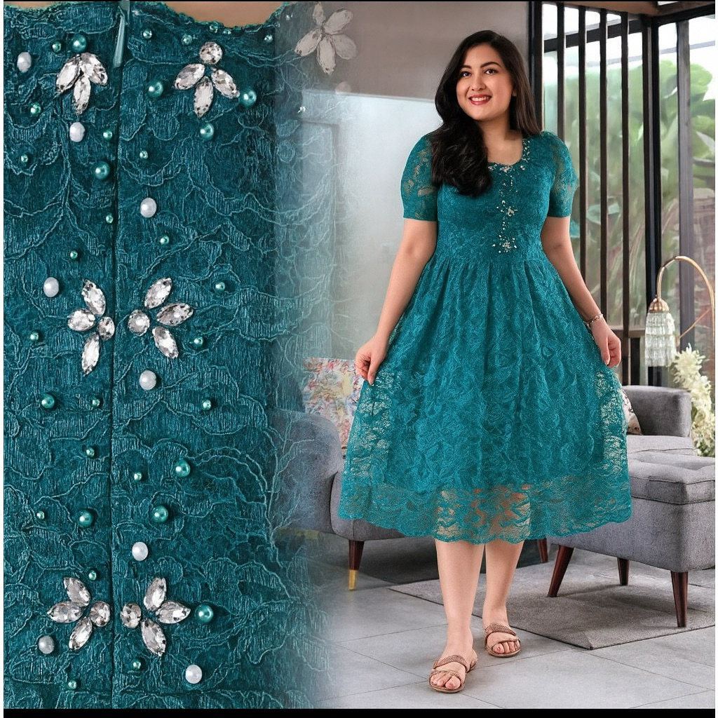 DRES JUMBO GISELLA / BIG SIZE Dress GISELLA/ DressPesta Natal Gisella Brukat Mix Payet mutiara ukura