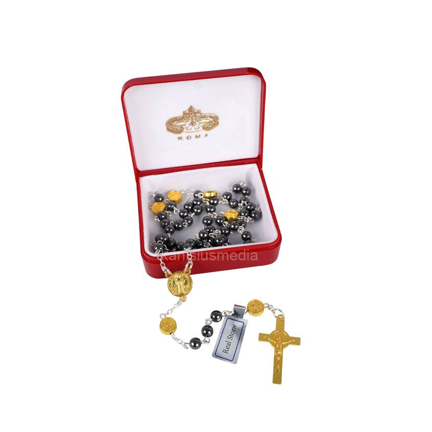 Italy - Kalung Rosario Batu/Blustin 6 mm Sekat Medali Gold Wadah Merah