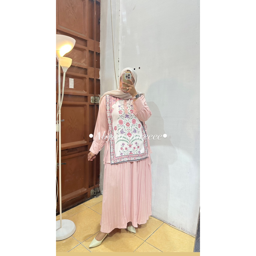 akira set/one set rok terbaru motif bunga/setelan wanita rok plisket polos motif