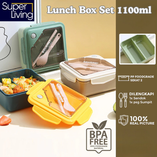 Kotak Makan Anti Tumpah 2 Sekat 1100ml BPA FREE