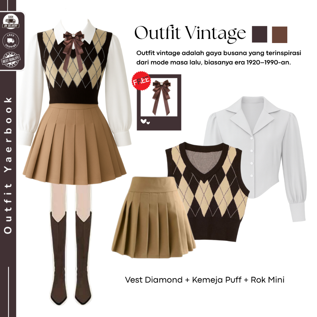 Outfit Set Yearbook Vintage (Vest Diamond + Kemeja Puff + Rok Mini) Ootd Viral Yearbook Kekinian - F