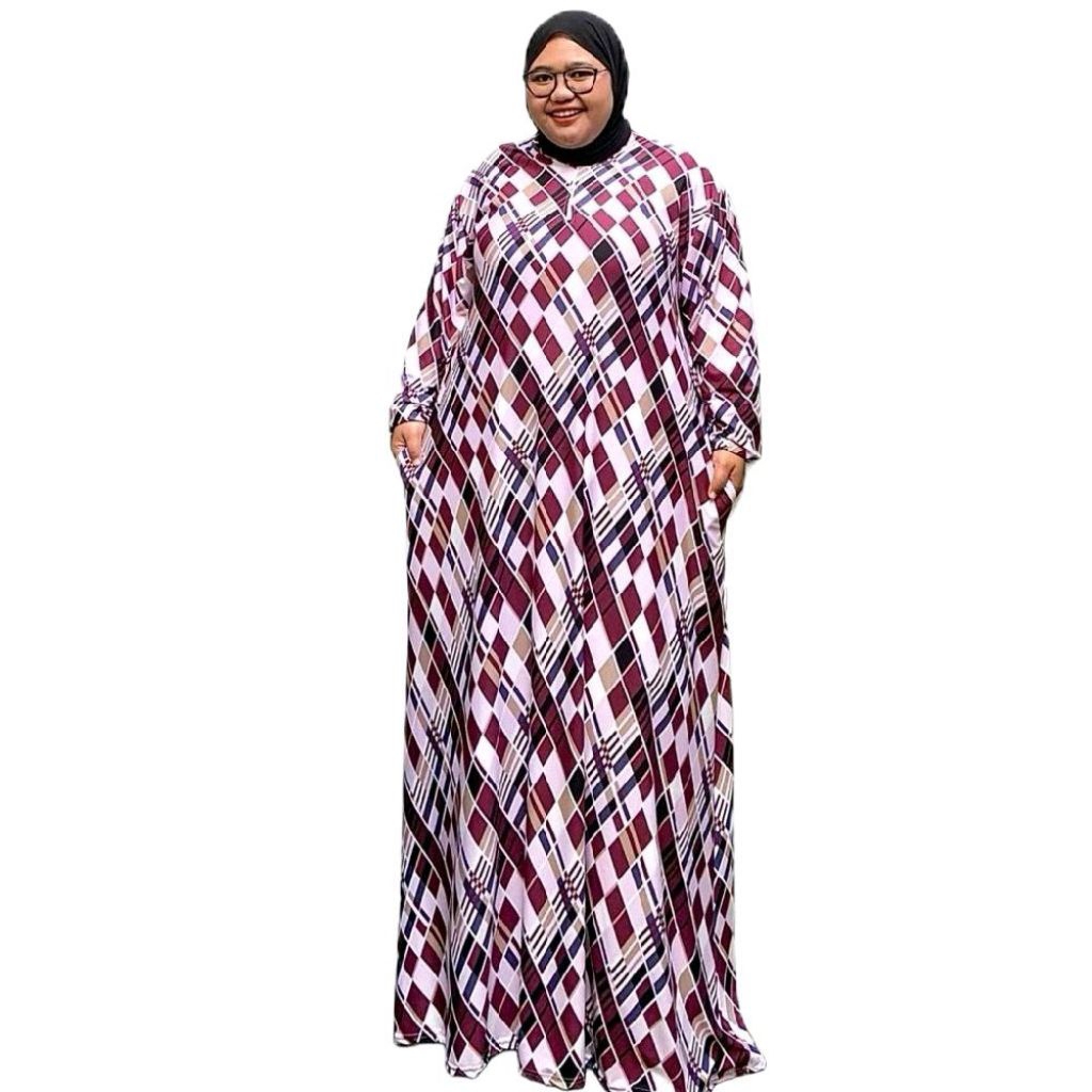 Gamis Wanita Siwi Jumbo Maxy Dress Bahan Kaos Lemon Skin Motif Kotak LD130 150 No Busui By Redea