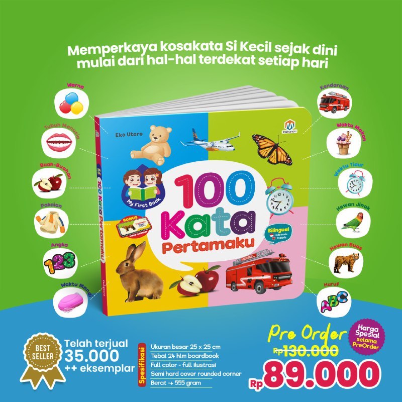 [Ziyadbooks] Boardbook 100 Kata Pertamaku - Buku Pengenalan Bayi Buku Bayi 0-6 Bulan