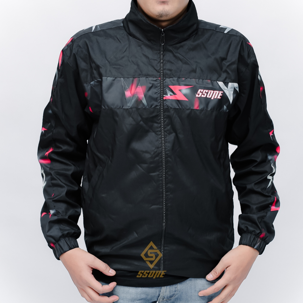 Jaket Tracktop Motif Abstrak Unisex Parasut Black Waterproof Jaket Parasut Tracktop Windbreakers