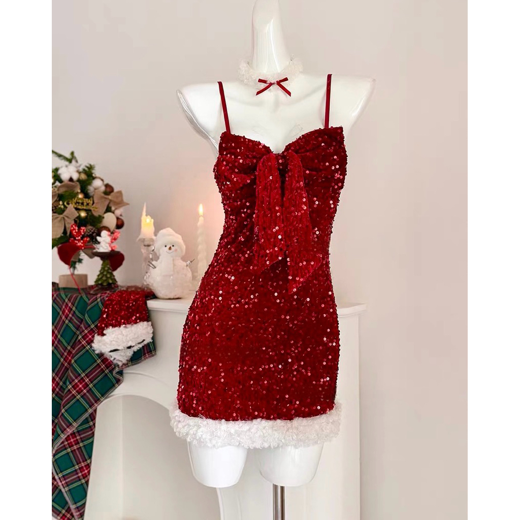 Moonfairy - Christmas 2025 Mini Red Dress Cosplay Costume Natal Bunny Ears Dress Natal Merah Glitter