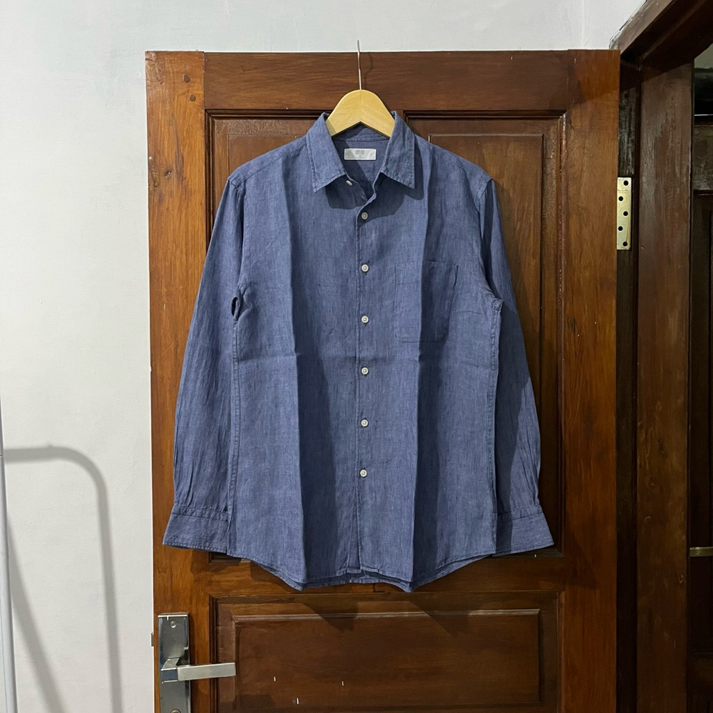 [M-L] Uniqlo Linen Shirt Cotton Long Sleeve I Blue Jeans I Vintage Vtg Retro Kemeja Garis-garis Salu