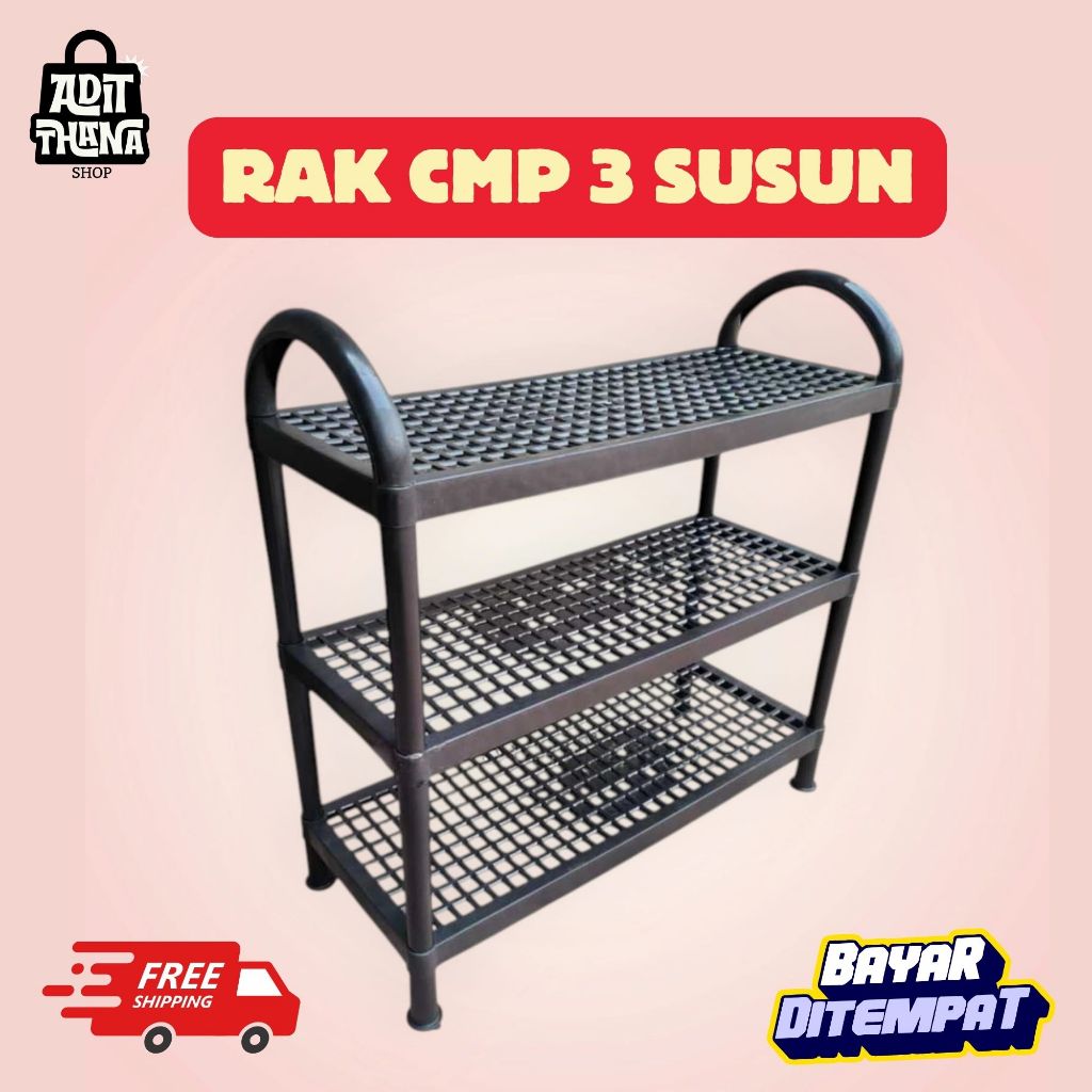 Rak Sepatu Plastik 3 Susun Merk CMP Tempat Sepatu Portable Warna Hitam