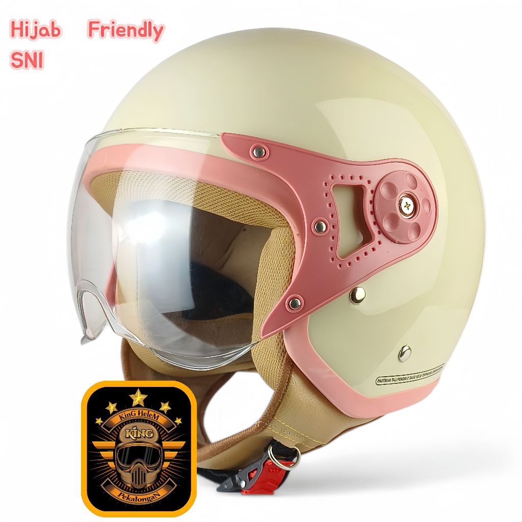 HELM BOGO WANITA HIJAB LIS PINK KACA BENING - Helm Bogo Wanita Dewasa Remaja SNI TERLARIS