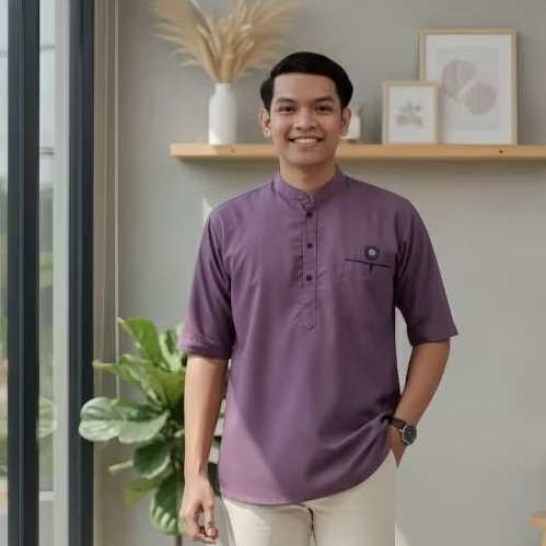 Baju Muslim Dewasa Koko Kurta Pria Lengan Pendek Warna lilac Terbaru