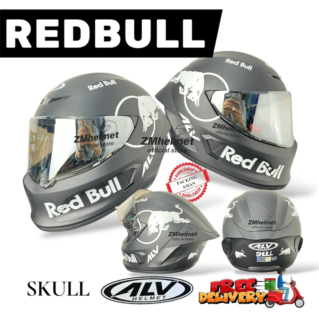 HELM ALV SKULL Solid Black Doft Redbull Full Face SNI