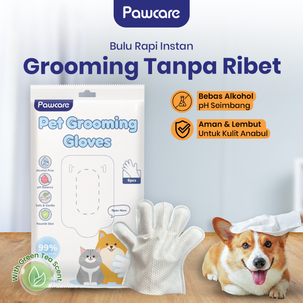 NEW PAWCARE - Pet Care Grooming Gloves Tea Tree Extract isi 6 pcs-Sarung Tangan Mandi Kucing
