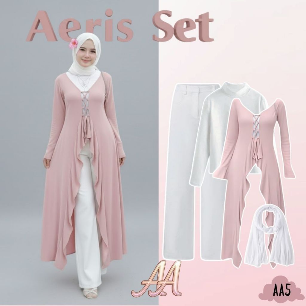Aeris Set - Outfit Tunik Pink (Celana Scuba, Inner Putih, Tunik Jellyfish, Pasmina) Set Mantai |AA5