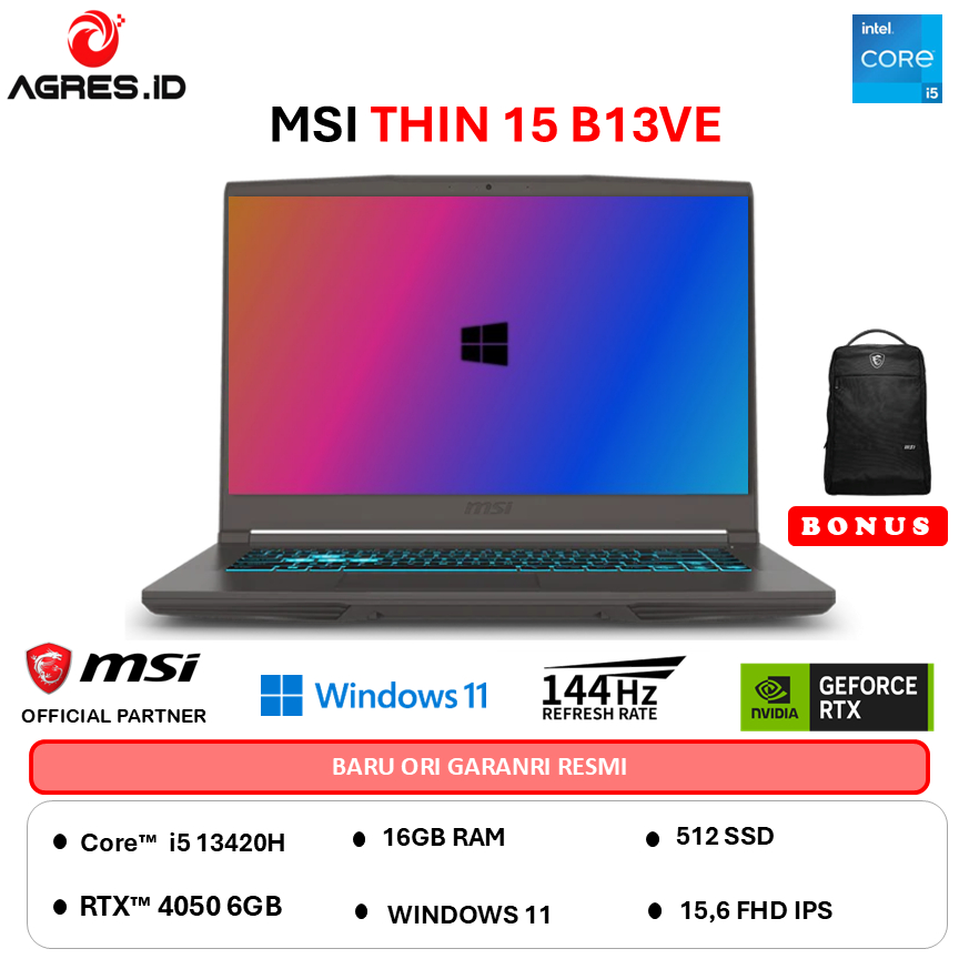 MSI THIN 15 I5 13420H RTX4050 6GB - RAM 16GB 512GB W11 15.6FHD 144HZ BLIT - B13VE