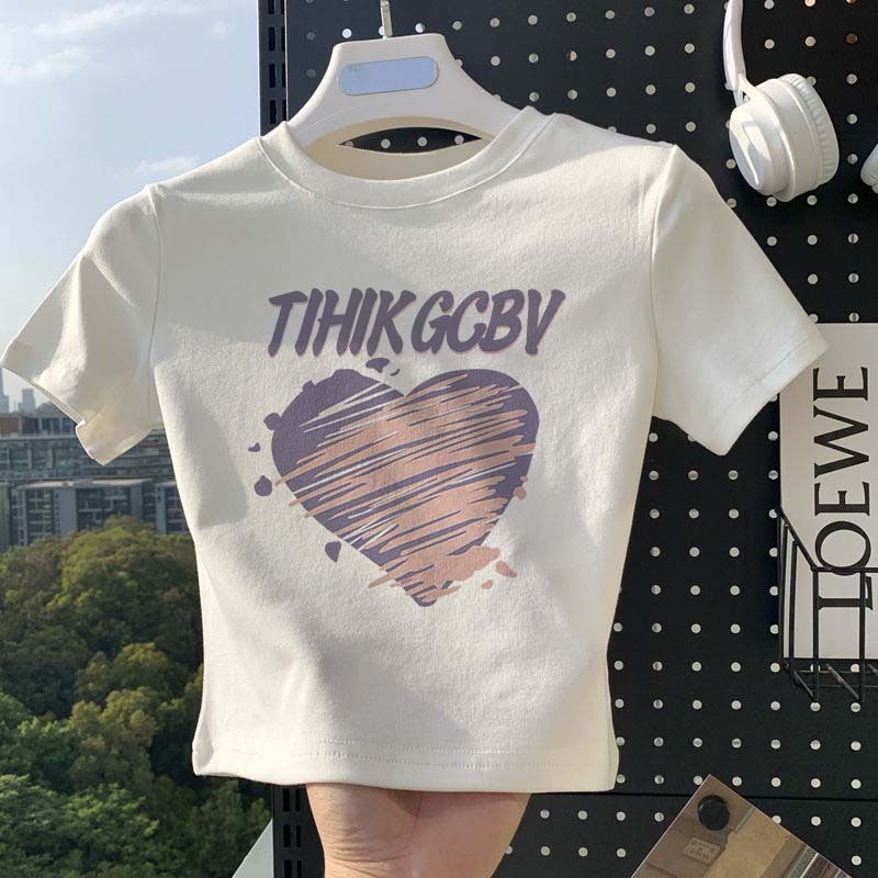 Peach Fashion Desain bergaya dengan cetakan grafiti hati ungu T-Shirt Crop Top Lengan Pendek Kaos Wa