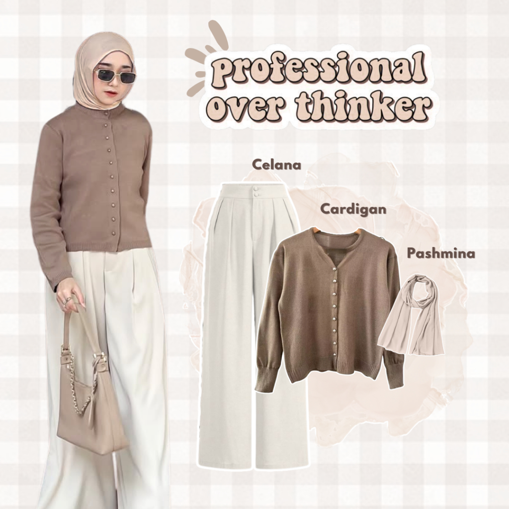 One Set Hijab 3in1 Wanita Kekinian / Cardigan Rajut + Celana Knit Premium + Pashmina Ceruty / Outfit