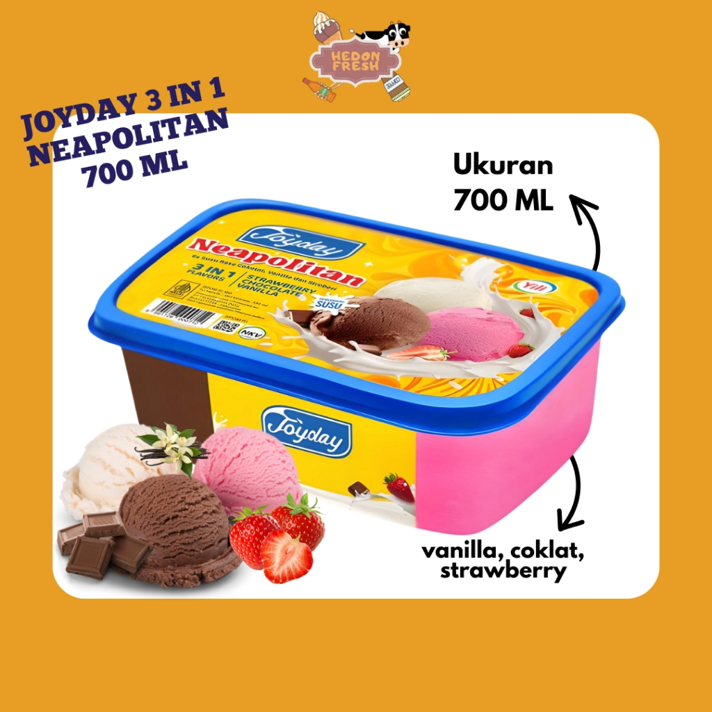 Ice Cream Joyday Neapolitan 700 ML - 3 in 1 Vanilla Coklat Strawberry