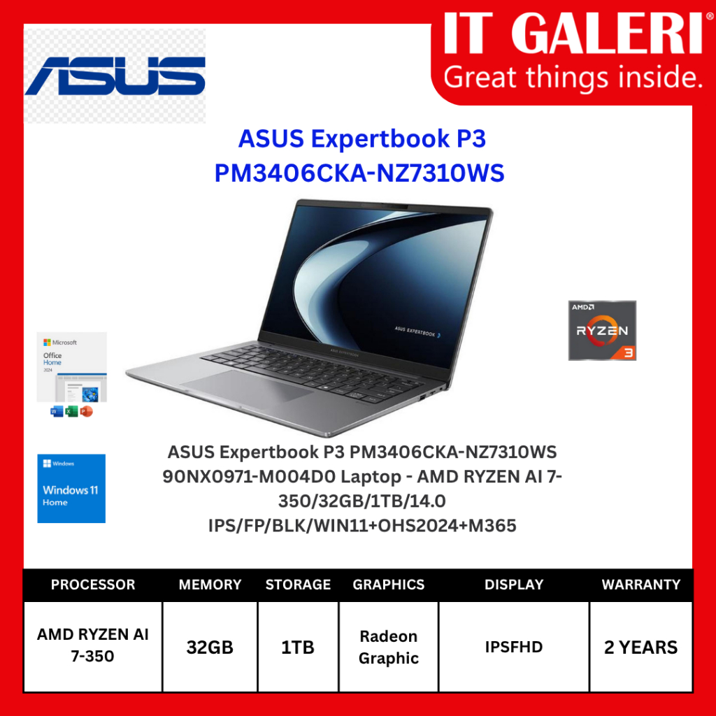 ASUS Expertbook P3 PM3406CKA-NZ7310WS 90NX0971-M004D0 Laptop - AMD RYZEN AI 7-350/32GB/1TB/14.0 IPS/