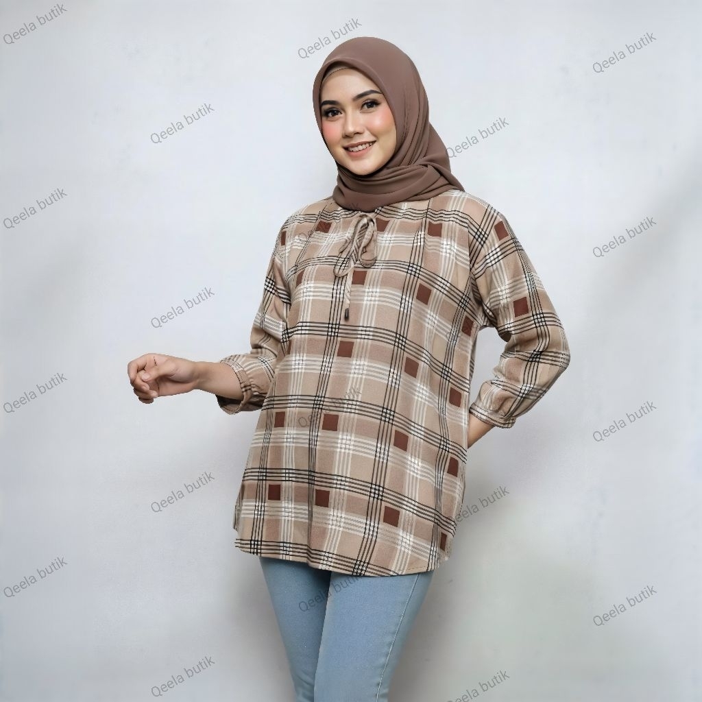 Atasan wanita rayon motif kotak kotak wanita ~ kemeja casual lengan 7/8 Daily top