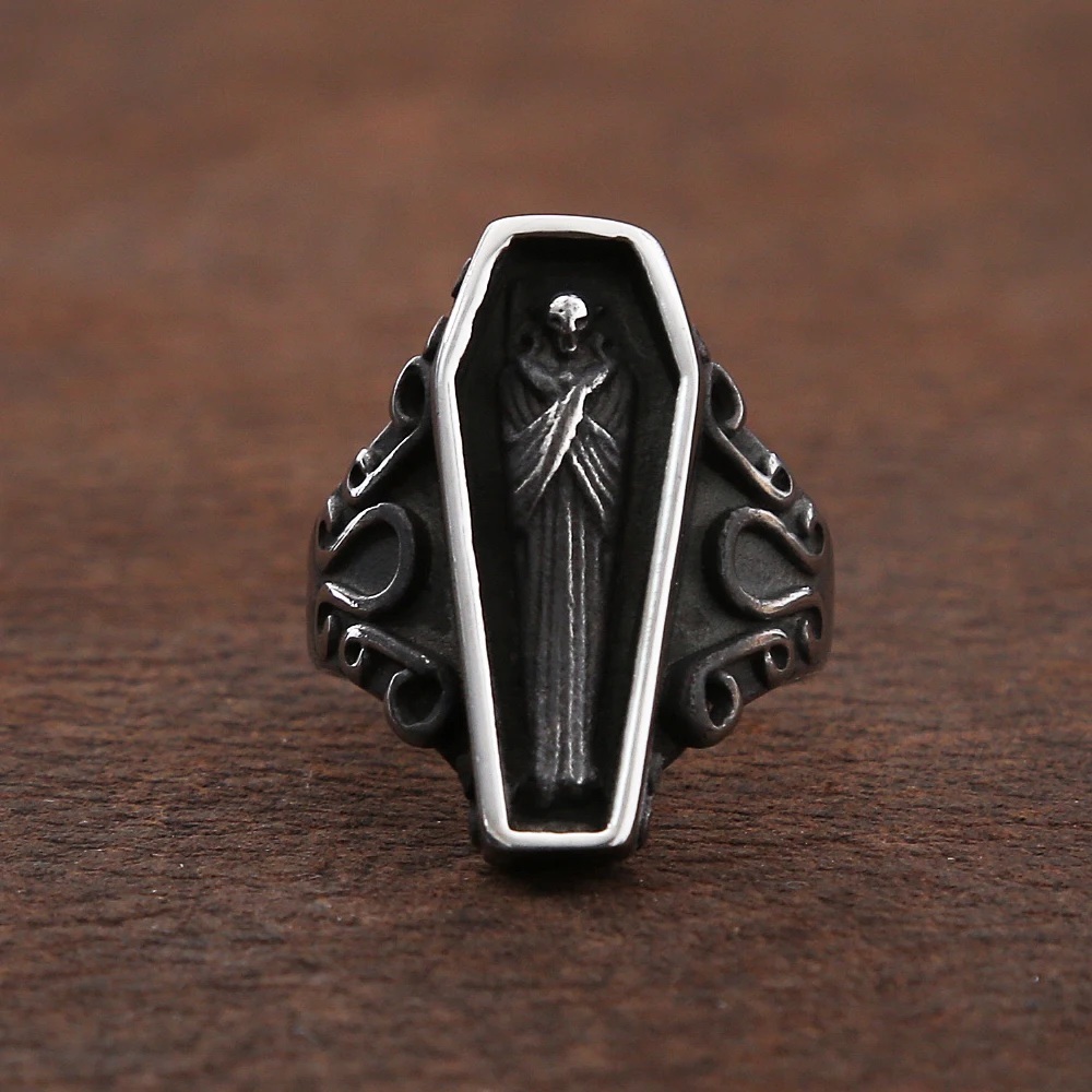 Cincin Peti Mati Stainless Premium Beier - Skull Coffin Ghost Vampire Devil Demon Death Skeleton Han