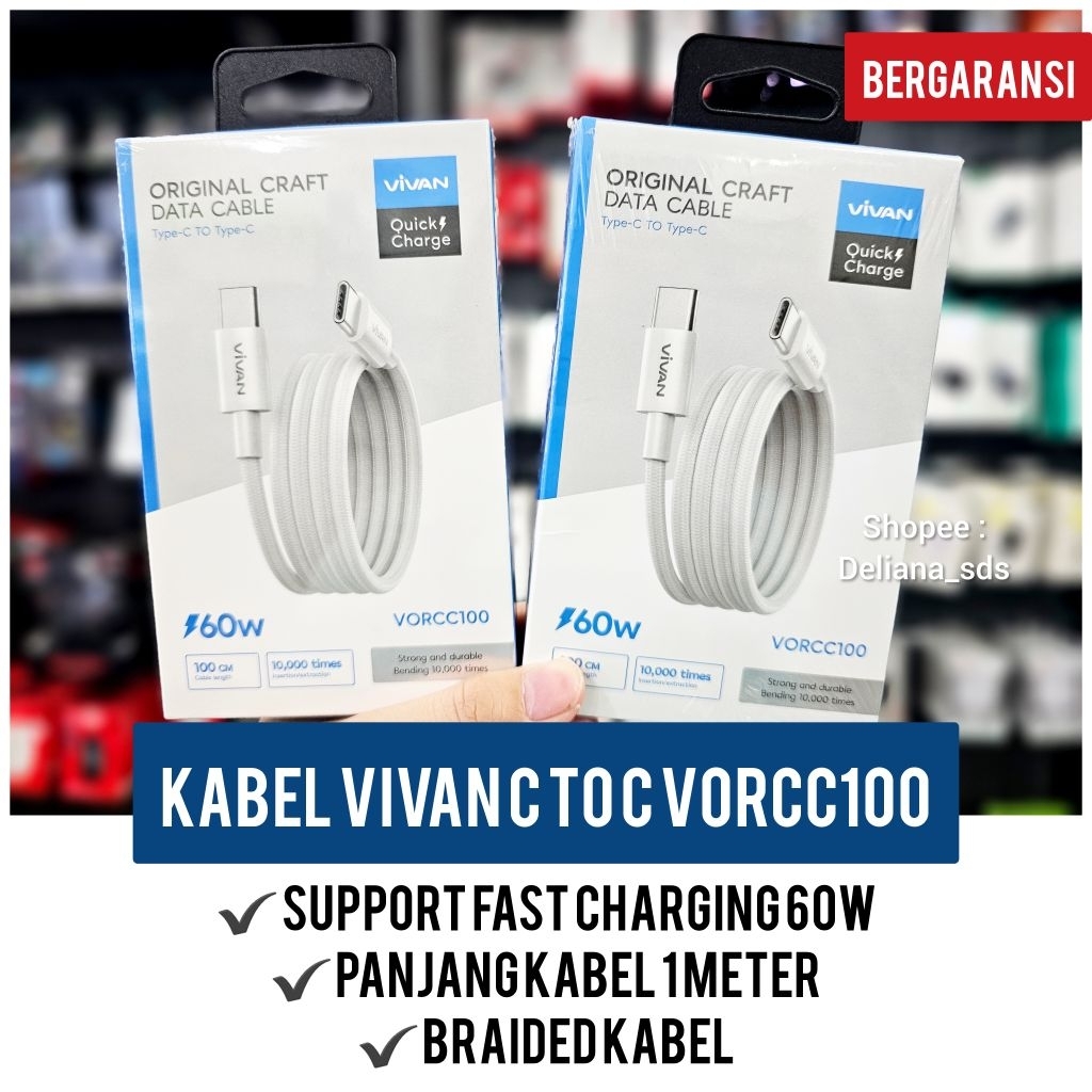 Kabel Vivan Type C VORCC100 Fast Charging 60W Garansi Resmi 1 Tahun Kabel Type C Vivan Kabel Tipe C 