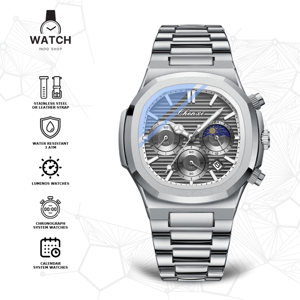 Indowatches Jam Tangan Pria Multifungsi Kalender CHENXI CX922 Chronograph Quartz Luminos 43 mm
