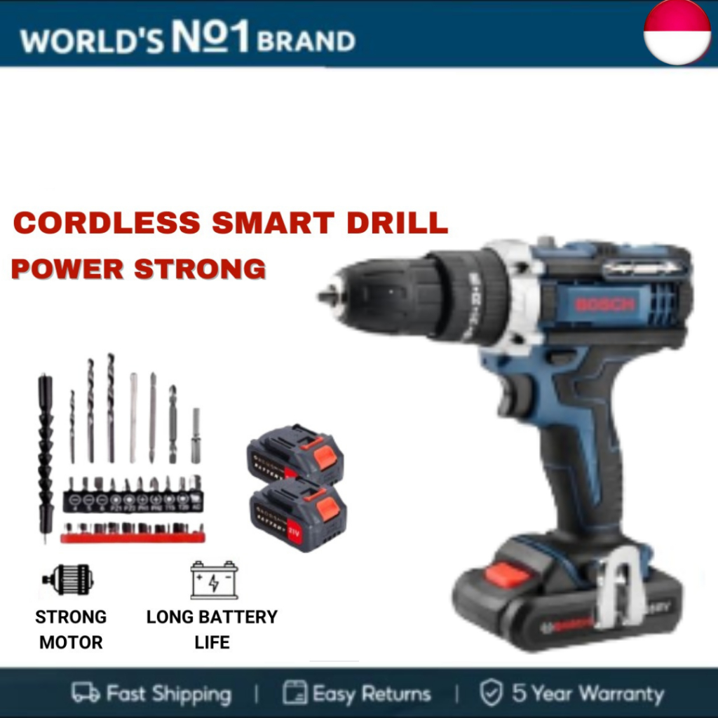 Bosch Cordless Hand Drill / Bor Tembok Baterai (2 Set Baterai) - Bor Listrik Set Lengkap