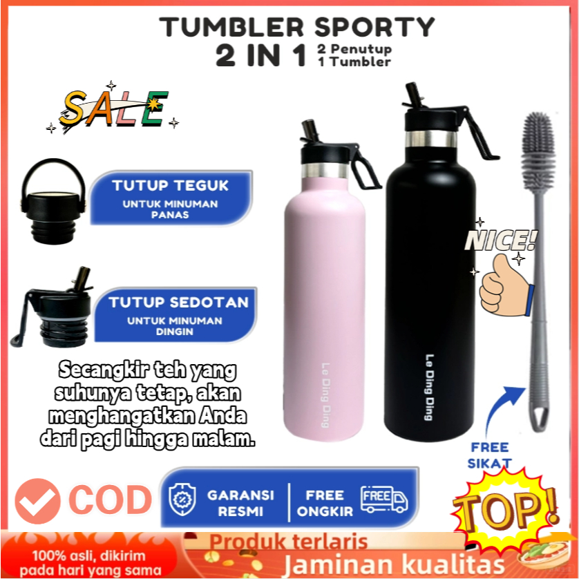 1Tumbler2 Penutup-Botol Minum 1 Liter Tumbler Stainless Vacuum Termos Tahan Panas Dingin 24 Jam