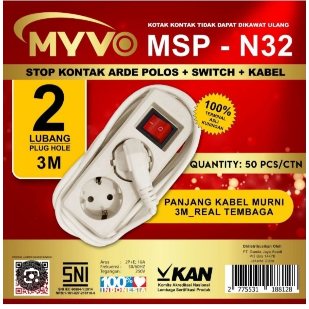 kabel rol myvo 2 lubang + kabel 3meter