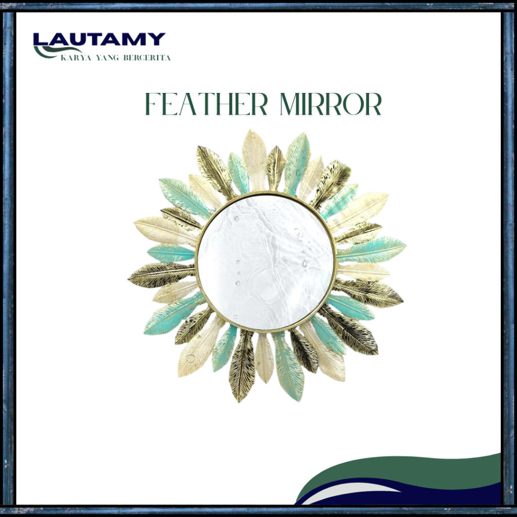 Cermin Dinding Feather Nordic Mewah | Cermin Bulu Hiasan Ruangan Estetik Gold-Teal