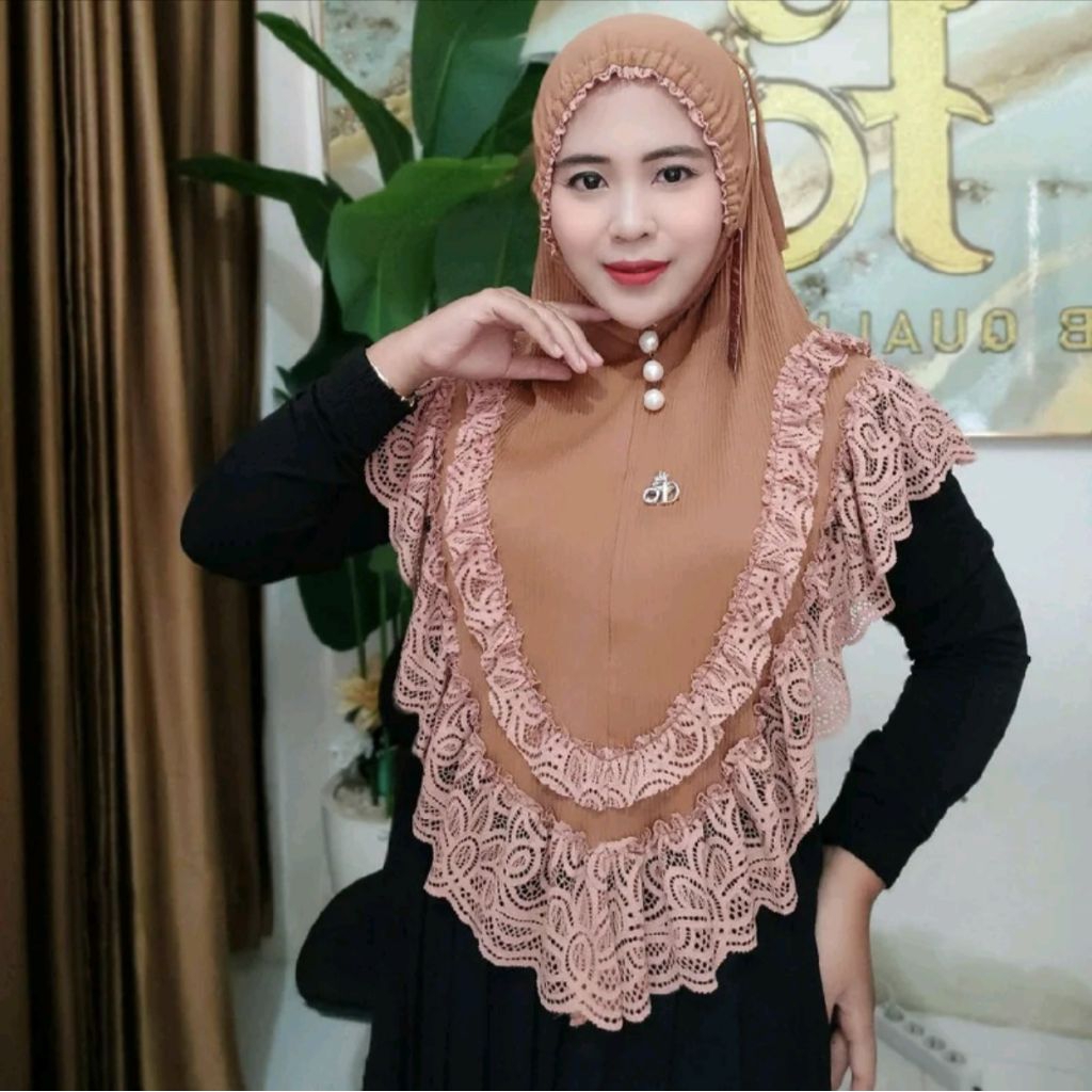 Jilbab Instan Alena Pad dan Kerut Dahi Renda Mewah ori FO