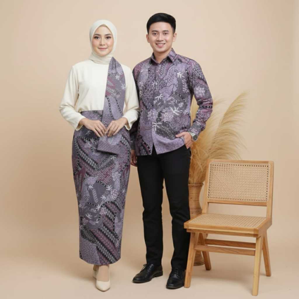 Produk Couple Set Kemeja Batik dan Rok Span Albar Ungu Mauve by Nuansa Batiku