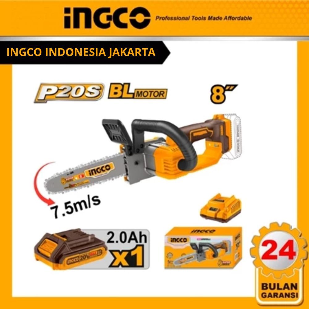 INGCO CGSLI20851 CORDLESS MESIN GERGAJI CHAINSAW BATERAI 8" 20V 2AH INGCO
