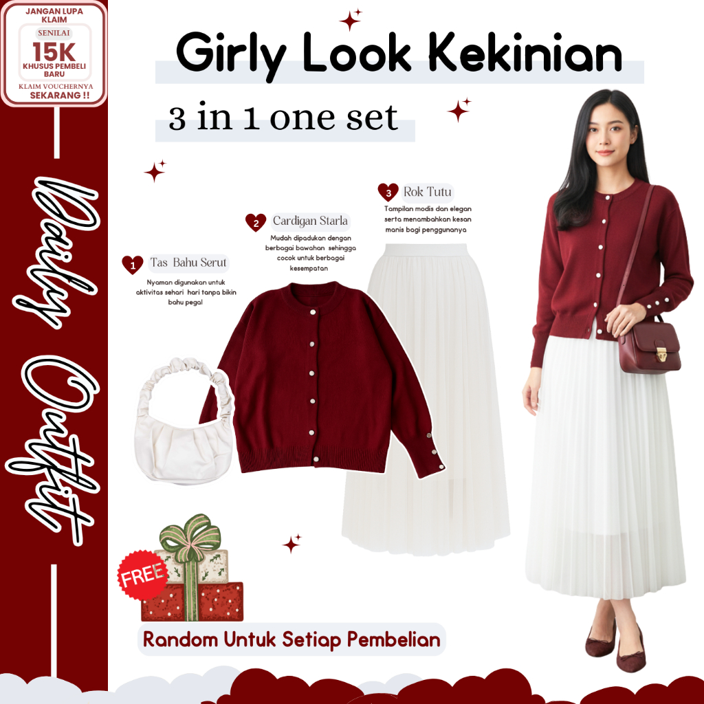 3in1 Set Outfit Natal Wanita Kekinian | Cardigan Starla + Rok Tutu + Tas | Outfit Christmas | DM124