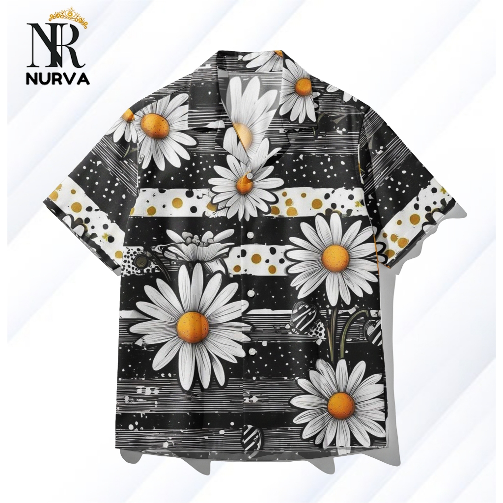 NURVA Kemeja Full Print Pria dan Wanita Motif Bunga Daisy Monokrom Dark White Gold – Kemeja Hawai Ca